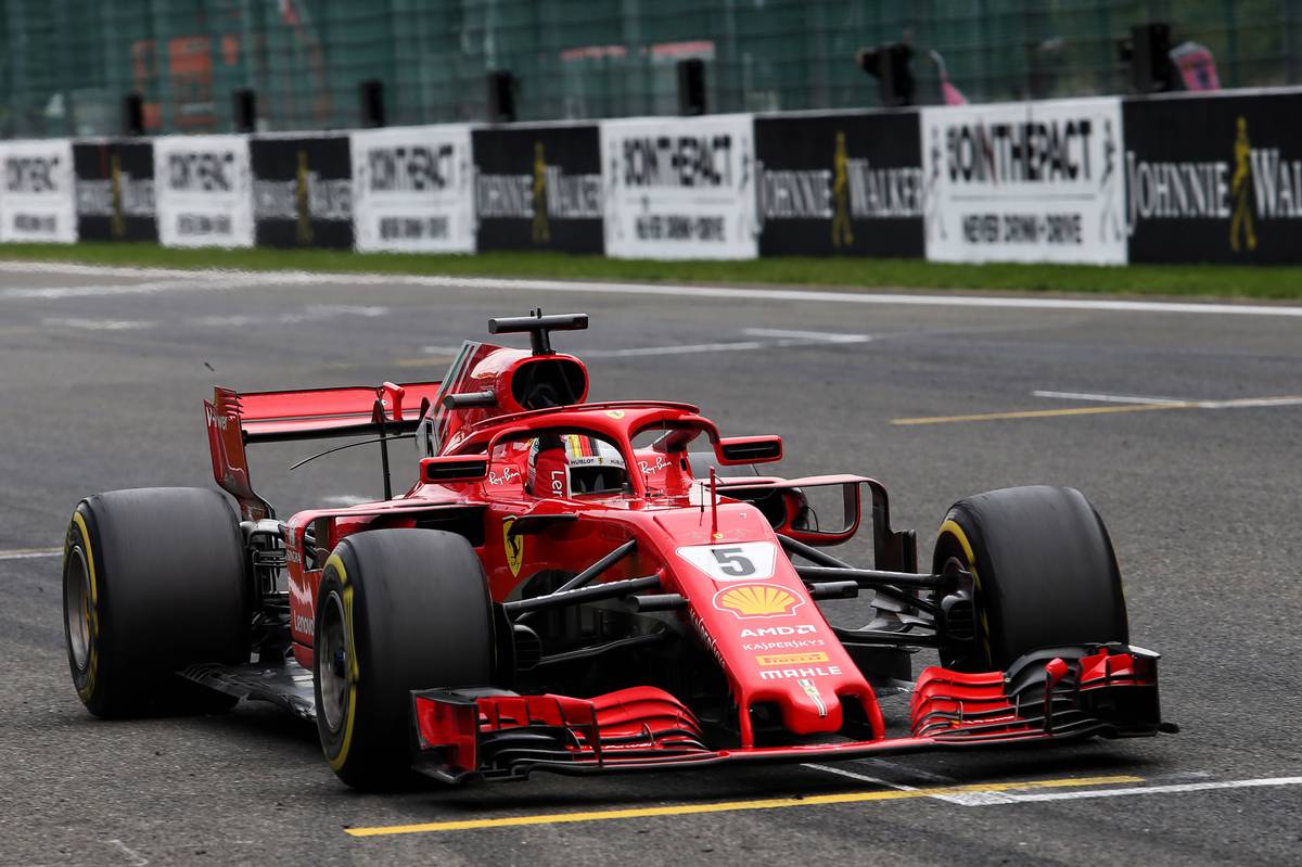Race winner Sebastian Vettel (GER) Ferrari SF71H celebrates at the end of the Belgian Grand Prix