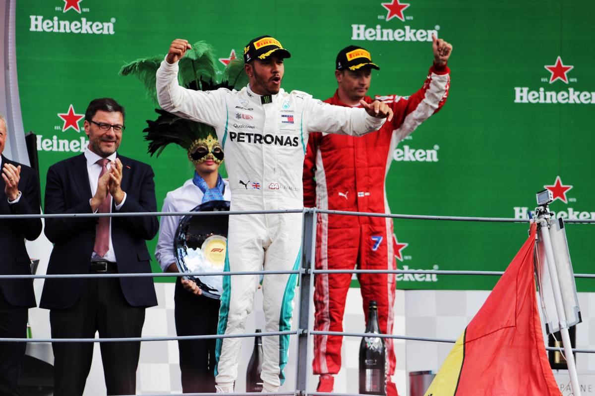 Italian Grand Prix winner Lewis Hamilton (GBR) Mercedes AMG F1 celebrates on the podium.